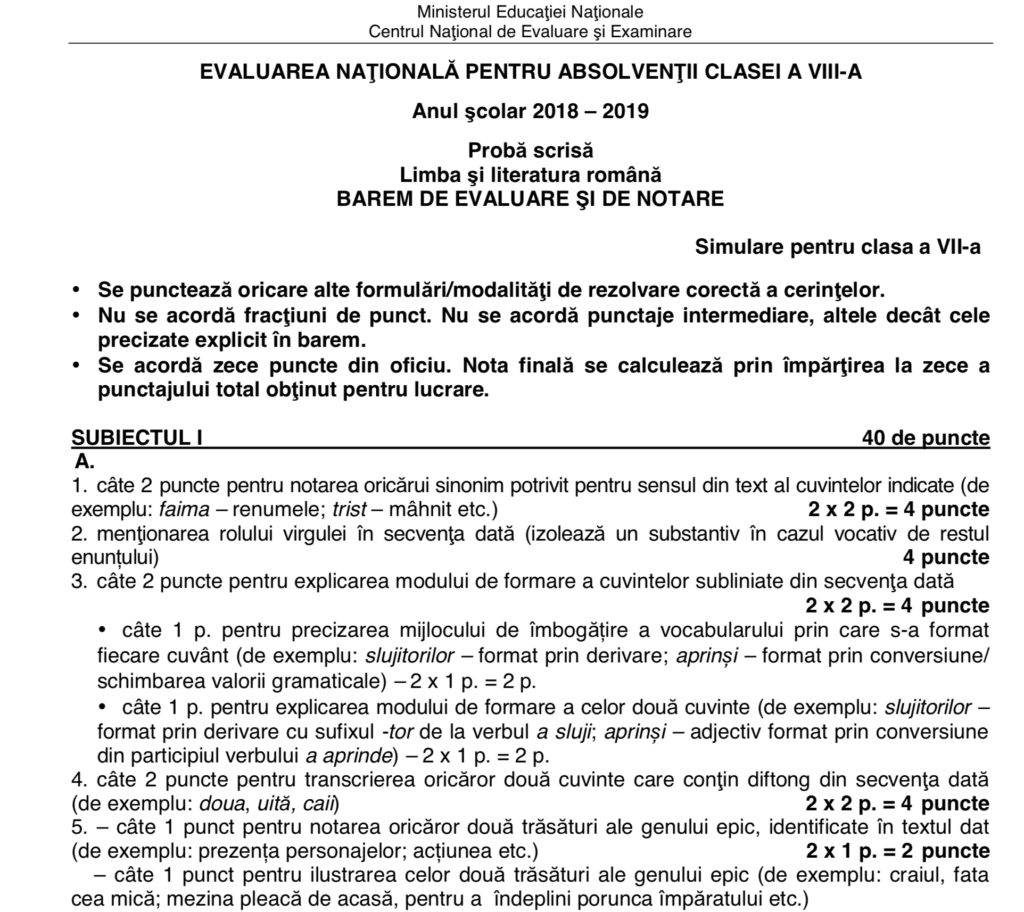 Baremul de corectare pentru clasa a VII-a