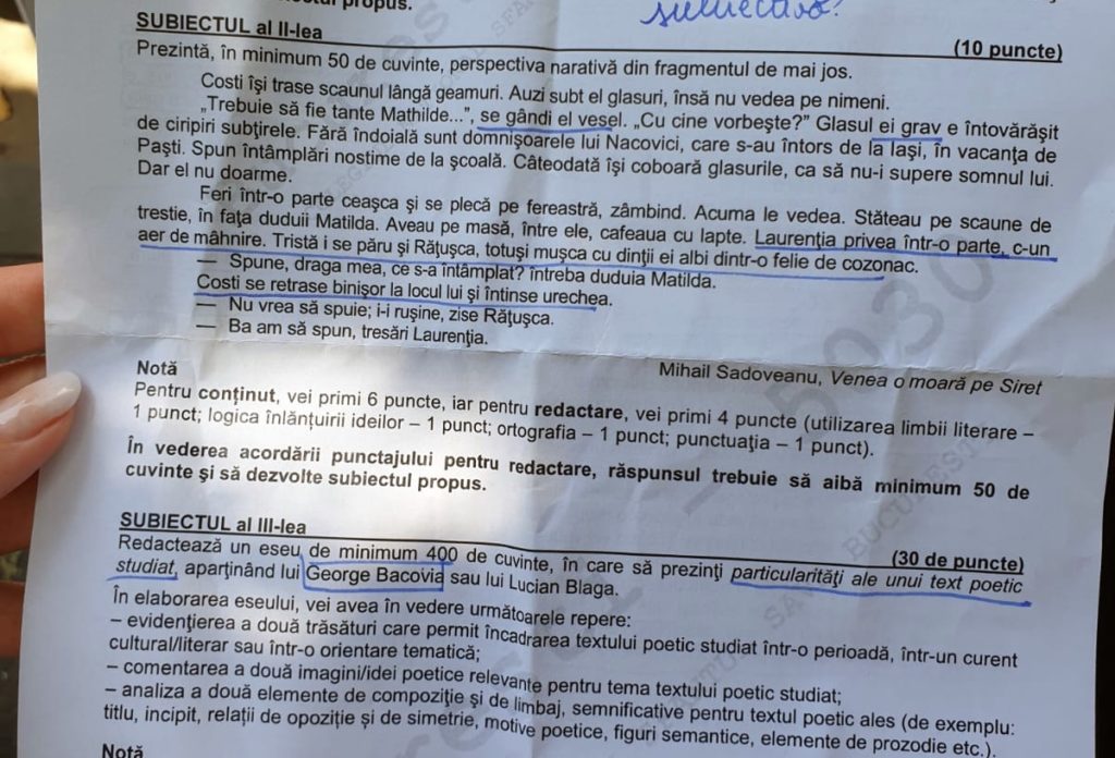Subiectele integrale de la examenul la Limba și literatura română