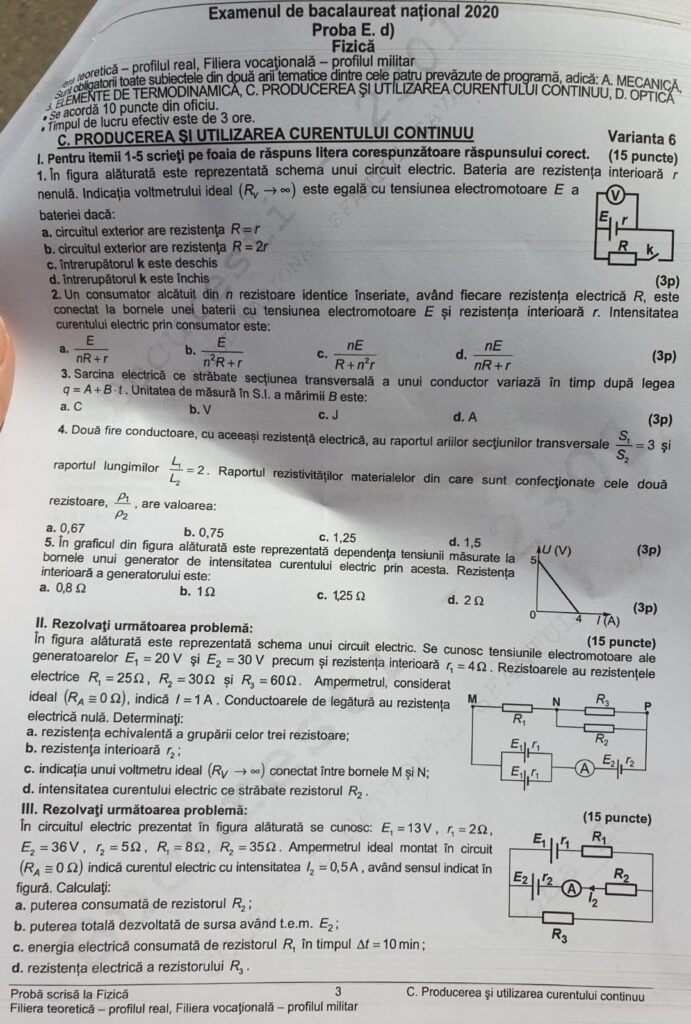 Subiectele de la Fizică BAC 2020