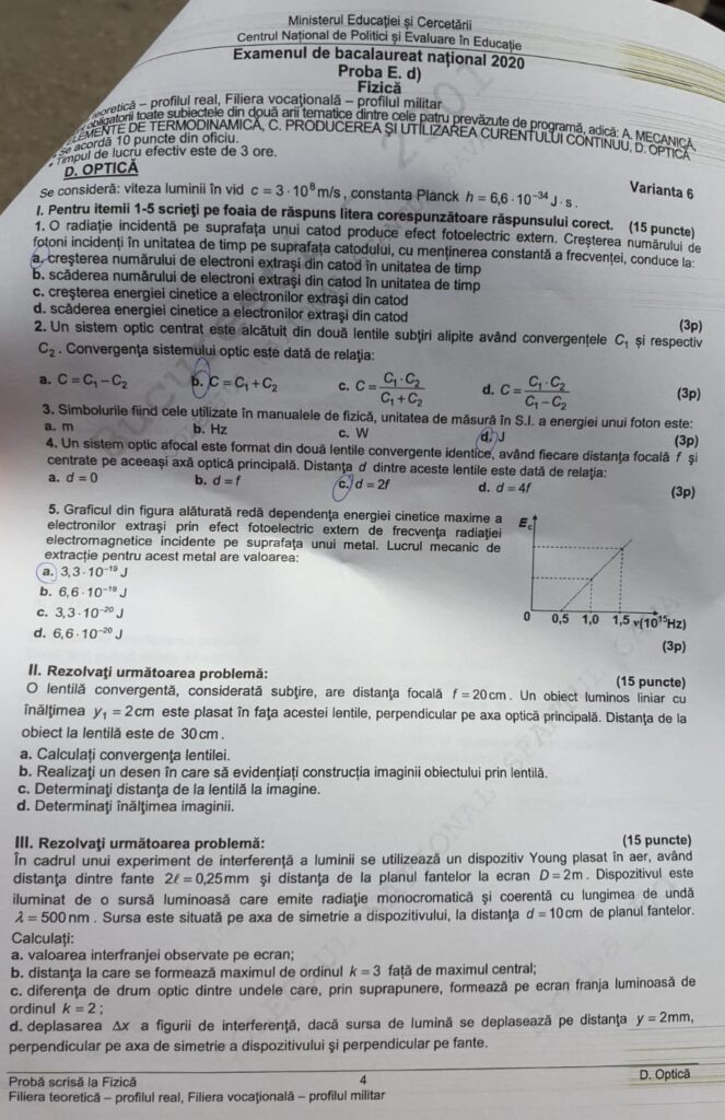Subiectele de la Fizică BAC 2020