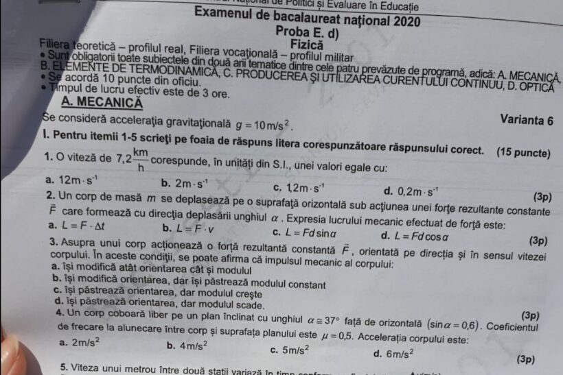 Subiectele de la Fizică BAC 2020