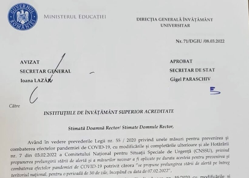 Fragment din nota oficială transmisă astăzi, 8 martie 2022, de Ministerul Educației către universități cu privire la modul în care vor funcționa de mâine, 9 martie 2022 / Foto: edu.ro
